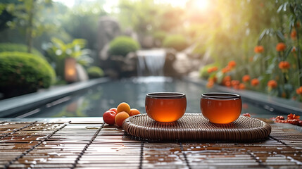 A bamboo woven tea table, there are tea and fruits, the natural light is filtered softly. the sun is shining brightly in a traditional Chinese courtyard
