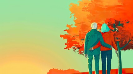 Elderly gray-haired couple enjoying a sunrise together, a moment of peace and enduring love