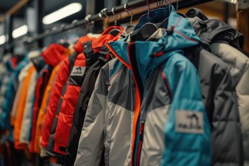 Obraz premium Jackets hanging on a rack, suitable for fashion or retail concept
