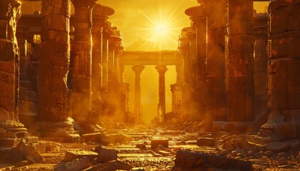 Ancient ruins bathed in golden light at sunrise, Exploration, history, culture