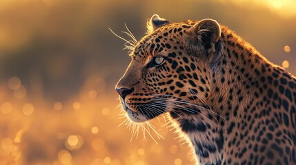 Close-up of a leopard in warm sunlight. Wildlife and nature.
