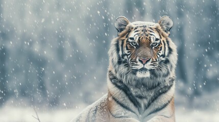Tiger resting in the snow during a snowfall.