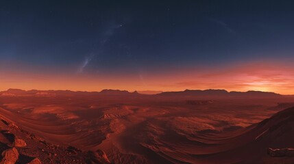 Fototapeta premium Sunrise over a vast red desert landscape with a clear starry sky.