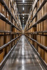 A long hallway filled with boxes on shelves. Suitable for industrial concepts