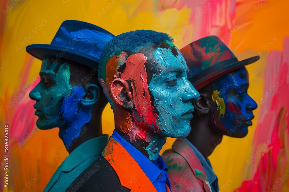 Poster artistic profile view of three men with vibrant paint splashes on faces and hats against a colorful 