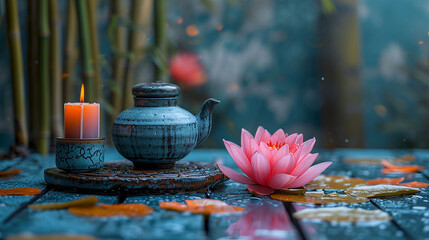 bamboo, candle, pink lotus, stone, old house, teapot, Bamboo forest floor, blue and yellow background