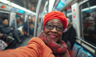 Happy elderly black woman taking a selfie with smart phone on a subway metro tube train in London....