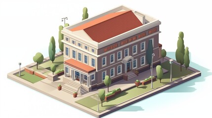 Isometric school building vector with bank nearby.