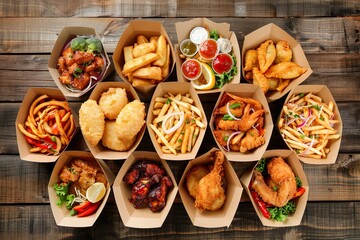 Wide variety of delicious takeout food boxes on wooden table ideal for food delivery services