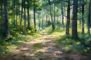 Obraz premium Peaceful Watercolor Forest Scene with Sunlit Trees and Wildflowers