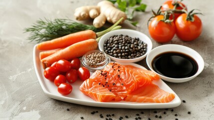 A heart-shaped platter of acai, lentils, soy sauce, ginger, salmon, carrots, and tomatoes...