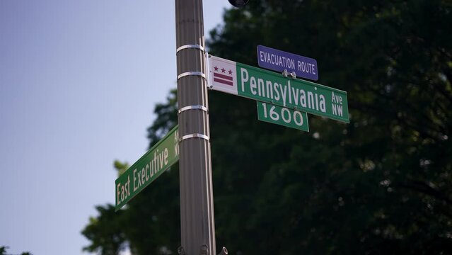 Street sign, 1600 Pennsylvania Avenue, NW, Washington DC address for the White House, President of the United States.