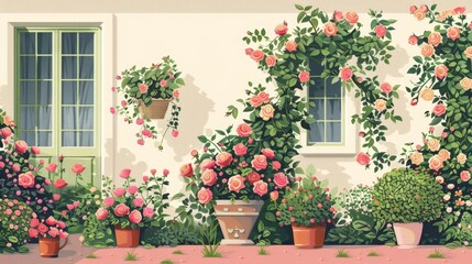 A wall with a white background and a row of potted plants with pink flowers