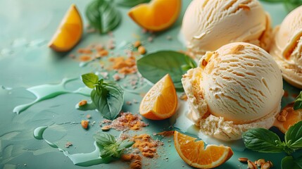 Magazine template of pumpkin pie ice cream with pastel orange splashing on a soft green background, autumn special, with text space