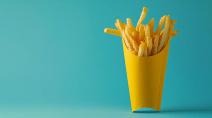 Crispy French Fries in a Yellow Paper Cone on Blue Background