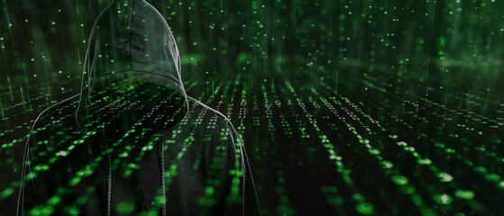 Hacker coder wearing a hoodie, hacking computer security concept. Cyber security. cyber criminality, identity theft. Code running in green,  glitch. Anonymity in web. Dark web, darknet cyber attack