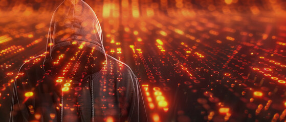 Hacker coder wearing a hoodie, hacking computer security concept. Cyber security. cyber criminality, identity theft. Code running in red,  glitch. Anonymity in web. Dark web, darknet cyber attack
