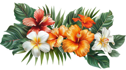 Fototapeta premium Lush Hawaiian hibiscus flowers bloom vibrantly against a pristine white background, showcasing their vivid colors and delicate beauty