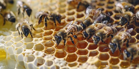 Bees on honeycomb, details of hive life, honey production proces