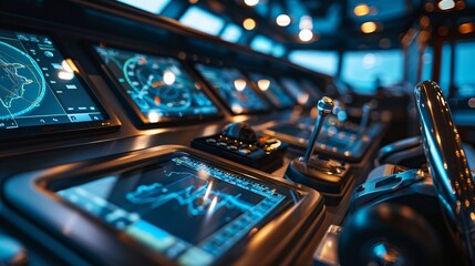 A view showing the dashboard instrumentation of a ship at sea with various controls, dials, and screens