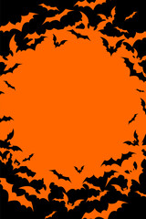Vertical Halloween banner with black bats on the orange background. Illustration with text.
