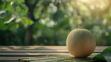 Orange melon or cantaloupe fruit in a bamboo plate on a wooden table in the garden, blurry green...