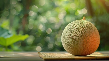 Orange melon or cantaloupe fruit in a bamboo plate on a wooden table in the garden, blurry green background