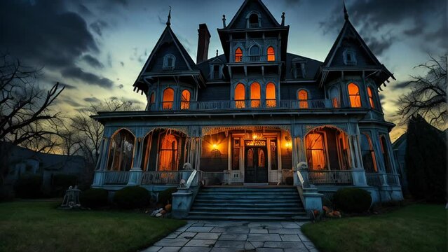 A spooky Halloween-themed manor with glowing orange windows, set against a dark and stormy sky. The eerie atmosphere and gothic architecture make it perfect for a haunted night.