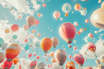 Fototapeta premium Myriad of vibrant hot air balloons ascending under a clear blue sky with fluffy clouds