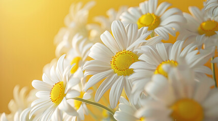 Vibrant Daisies Spread on Yellow Background, Top View