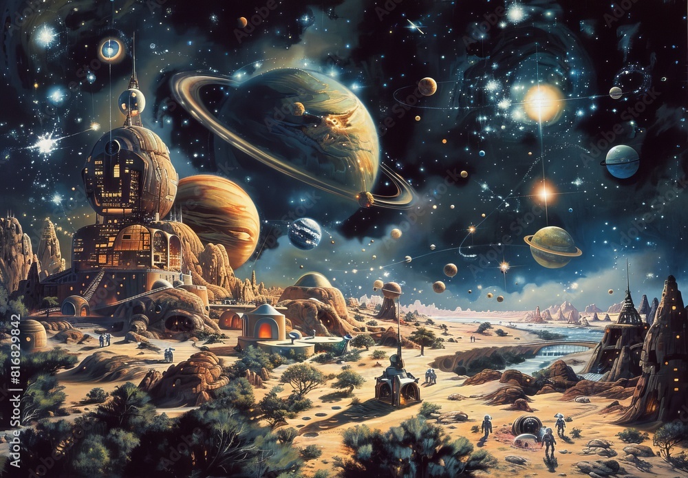 Wall mural an imaginative painting depicting humans exploring outer space, settling on distant planets, and con