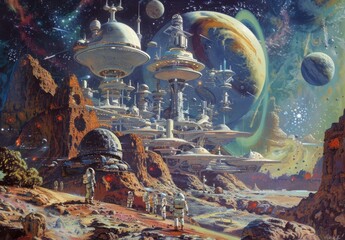 Fototapeta premium An imaginative painting depicting humans exploring outer space, settling on distant planets, and constructing space stations with advanced spacefaring technology.