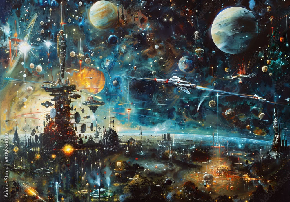 Wall mural an imaginative painting depicting humans exploring outer space, settling on distant planets, and con