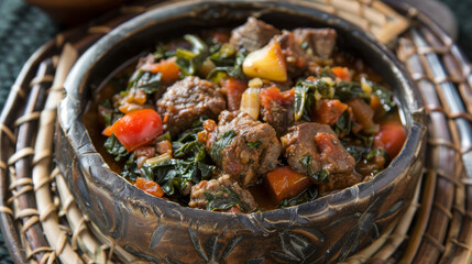 Close-up of a hearty african stew with tender meat, fresh vegetables, and greens served in a rustic wooden bowl - Powered by Adobe