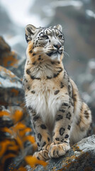 Fototapeta premium Snow leopard camouflaged against the rocky Himalayan landscape
