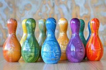 Vibrant array of painted wooden bowling pins arranged on a wooden surface with a patterned backdrop