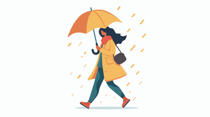 Woman walking in rainy weather. Business female character
