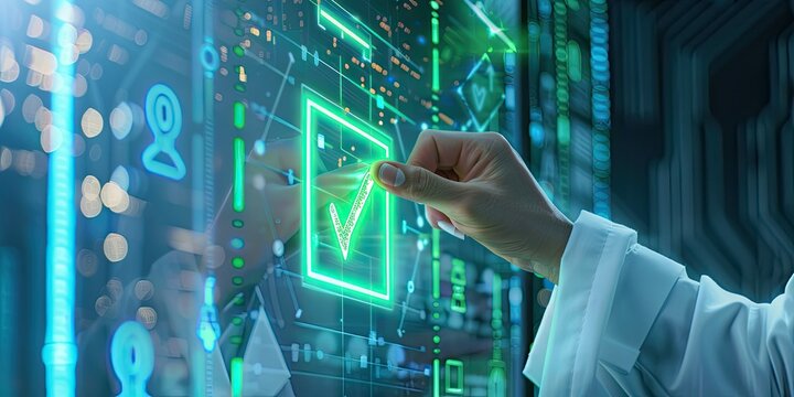 A closeup of an man's hand in white robes touching the checkmark icon on a virtual screen, with hologram icons floating around it lit with green light and a blue color palette - Powered by Adobe
