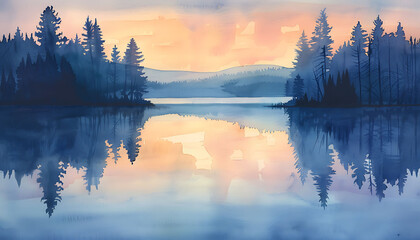 Tranquil Watercolor Landscape of a Calm Lake with Misty Mountains at Dawn