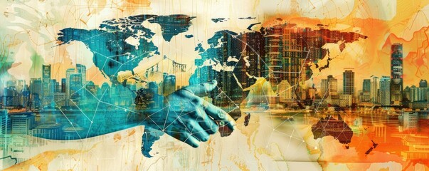 A dynamic visual of business connections and successful partnerships, featuring images like handshake icons, with work serving as the backdrop with a cityscape or urban environment.