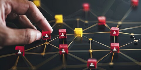 A hand is connecting red squares with white icon people to yellow blocks on the right side of an uncluttered black background, representing network marketing and building visible connection