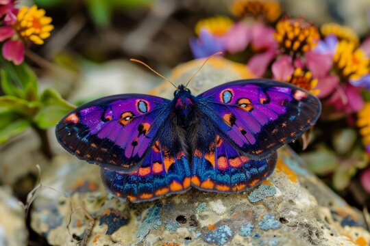 Closeup of a stunning purple emperor butterfly with spread wings over colorful flowers