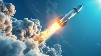 Rocket launching into the sky with clouds at sunset.