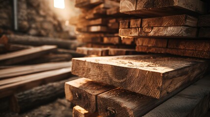 Stack of cut wood logs with a small fire in the background at sunset.