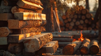 Fototapeta premium Stack of cut wood logs with a small fire in the background at sunset.