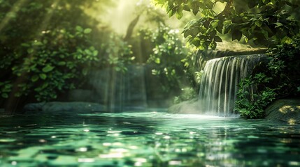 Waterfall flowing into a turquoise pool surrounded by lush greenery.