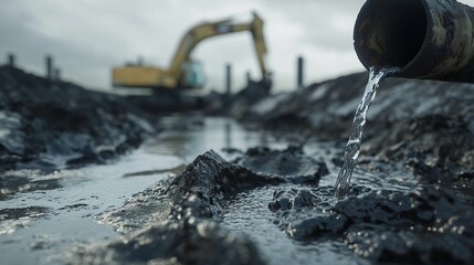 Water flowing from a pipe into a muddy construction site with a blurred excavator in the background.