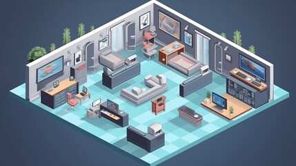 Isometric school vector with TV room equipped with gaming consoles for recreational activities.