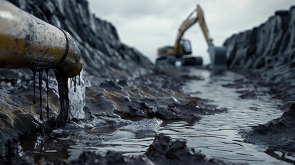 Water flowing from a pipe into a muddy construction site with a blurred excavator in the background.