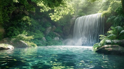 Waterfall flowing into a turquoise pool surrounded by lush greenery.